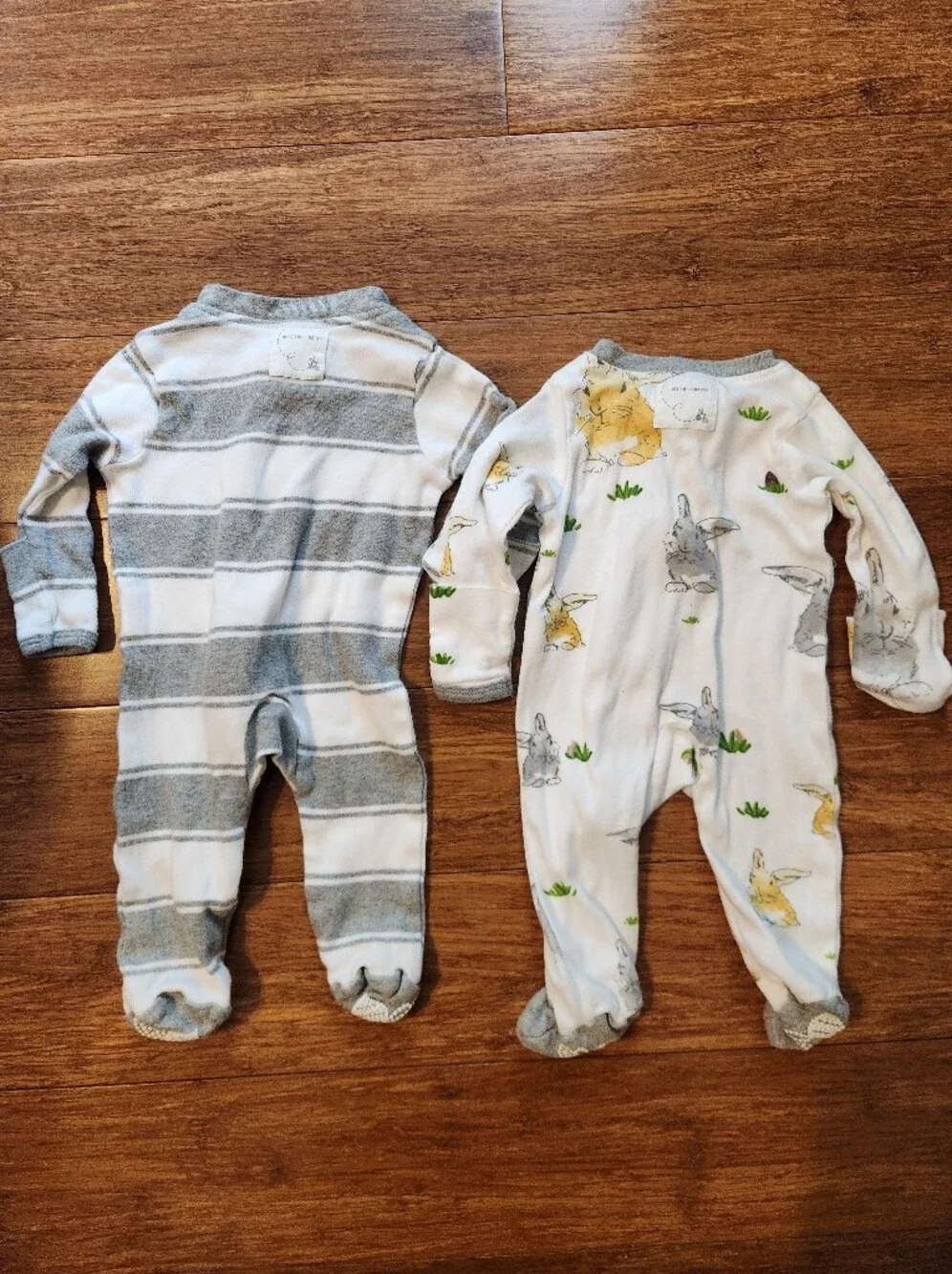 Burt's Bees Set Of 2 Baby Gray Striped Bunny Print Footed One-Pieces, Newborn